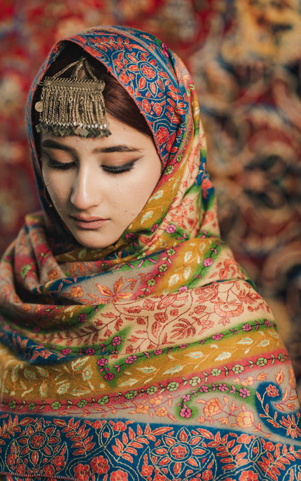 Kashmiri Kalamkari Sozni Shawl - Multi Colour | Handmade - ARTISANS KASHMIR