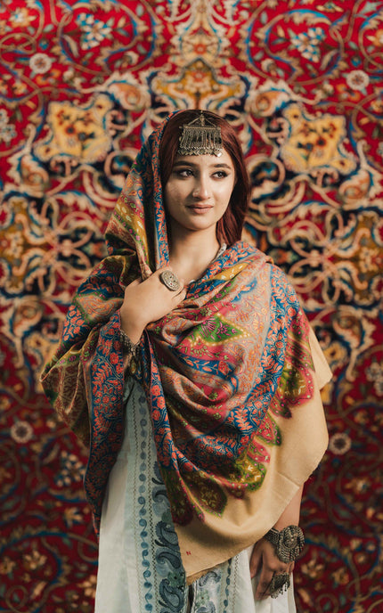Kashmiri Kalamkari Sozni Shawl - Multi Colour | Handmade - ARTISANS KASHMIR