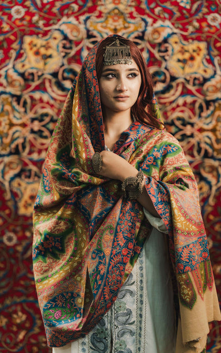 Kashmiri Kalamkari Sozni Shawl - Multi Colour | Handmade - ARTISANS KASHMIR