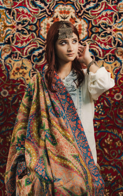 Kashmiri Kalamkari Sozni Shawl - Multi Colour | Handmade - ARTISANS KASHMIR