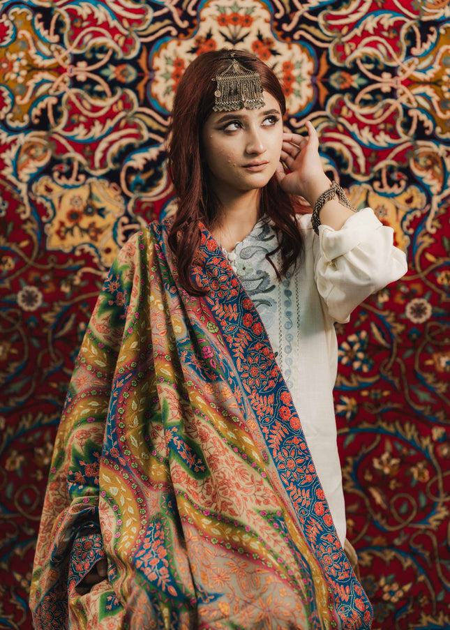 Kashmiri Kalamkari Sozni Shawl - Multi Colour | Handmade - ARTISANS KASHMIR