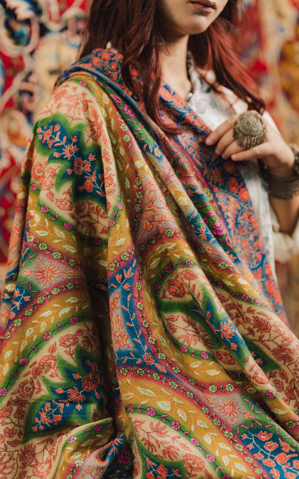 Kashmiri Kalamkari Sozni Shawl - Multi Colour | Handmade - ARTISANS KASHMIR