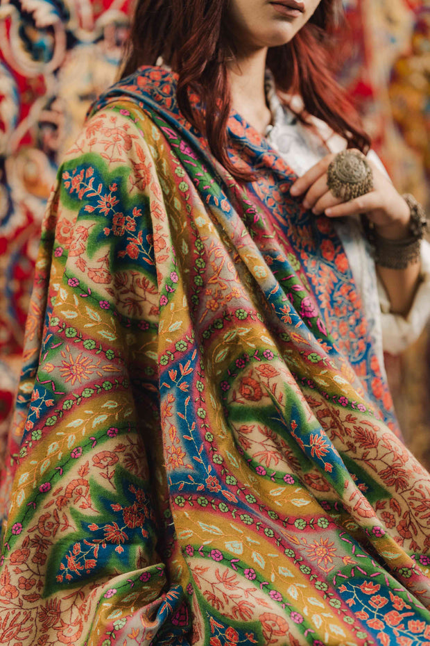 Kashmiri Kalamkari Sozni Shawl - Multi Colour | Handmade - ARTISANS KASHMIR