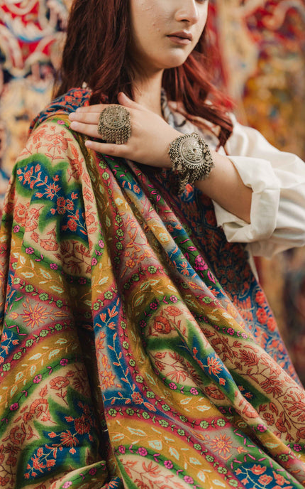 Kashmiri Kalamkari Sozni Shawl - Multi Colour | Handmade - ARTISANS KASHMIR