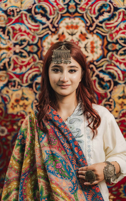 Kashmiri Kalamkari Sozni Shawl - Multi Colour | Handmade - ARTISANS KASHMIR