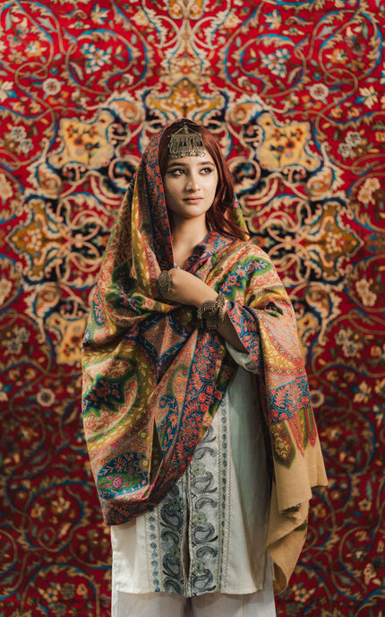 Kashmiri Kalamkari Sozni Shawl - Multi Colour | Handmade - ARTISANS KASHMIR