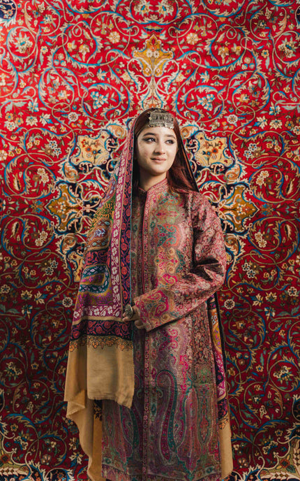 Kashmiri Kalamkari Sozni Shawl - Almond Multi Colour | Handmade - ARTISANS KASHMIR