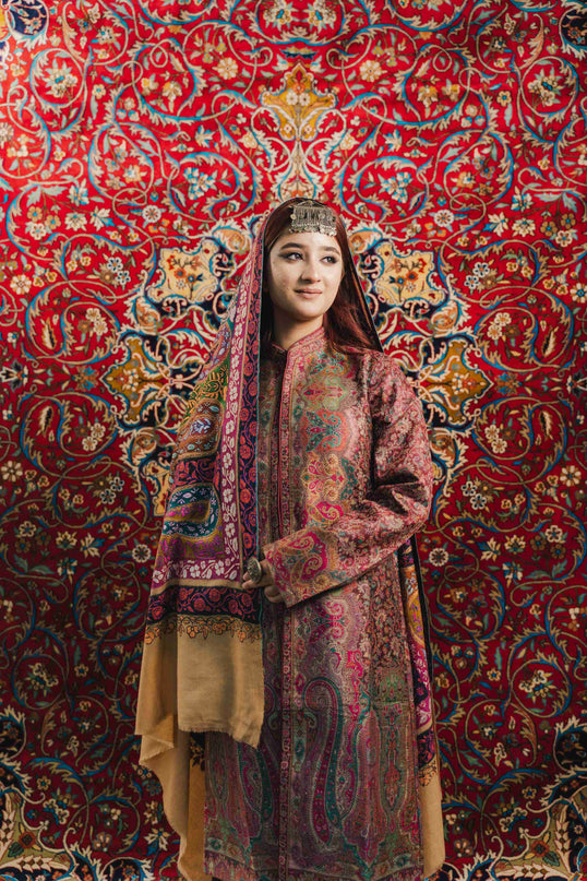 Kashmiri Kalamkari Sozni Shawl - Almond Multi Colour | Handmade - ARTISANS KASHMIR