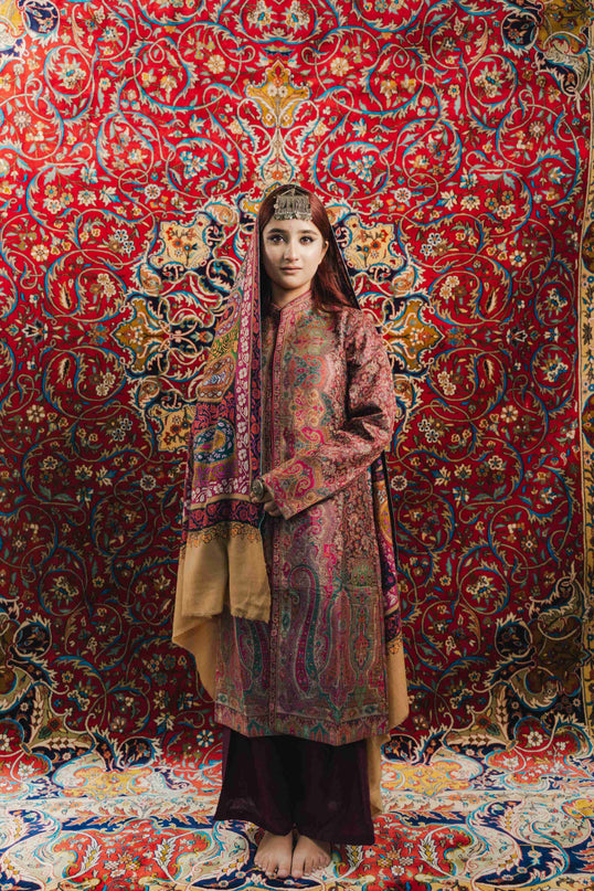 Kashmiri Kalamkari Sozni Shawl - Almond Multi Colour | Handmade - ARTISANS KASHMIR