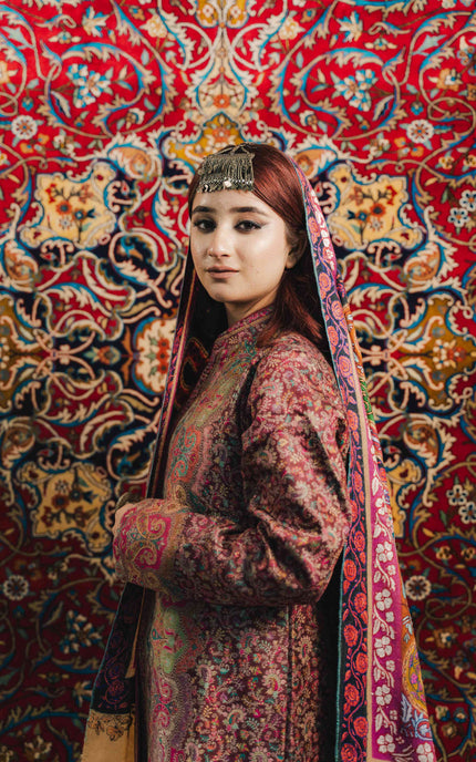 Kashmiri Kalamkari Sozni Shawl - Almond Multi Colour | Handmade - ARTISANS KASHMIR