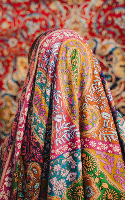 Kashmiri Kalamkari Sozni Shawl - Almond Multi Colour | Handmade - ARTISANS KASHMIR