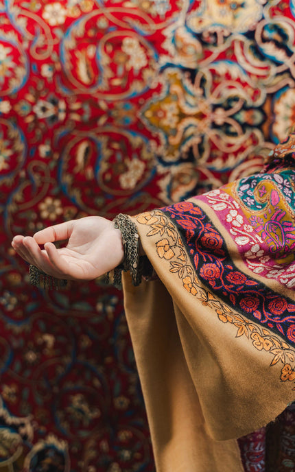 Kashmiri Kalamkari Sozni Shawl - Almond Multi Colour | Handmade - ARTISANS KASHMIR