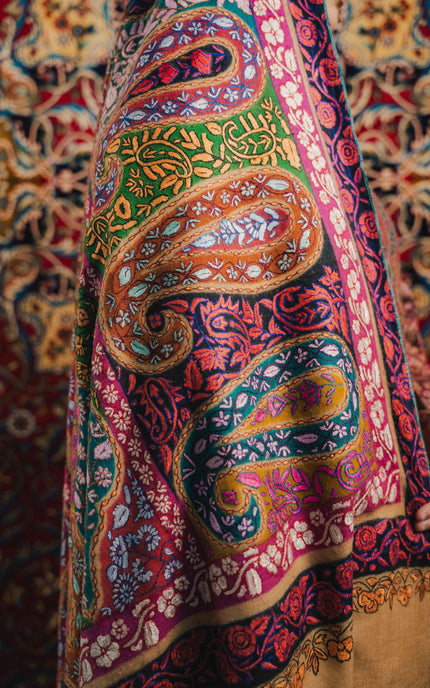 Kashmiri Kalamkari Sozni Shawl - Almond Multi Colour | Handmade - ARTISANS KASHMIR