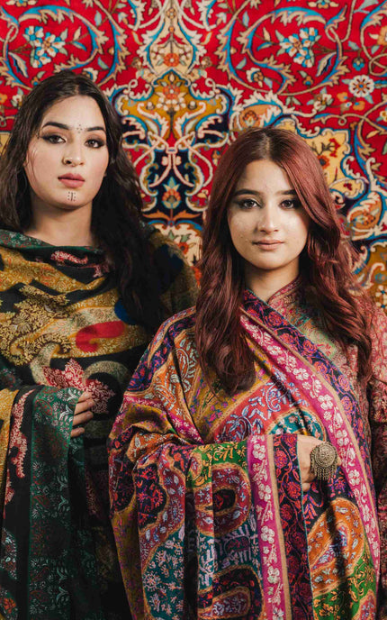 Kashmiri Kalamkari Sozni Work Shawl - Black Heritage | Handmade - ARTISANS KASHMIR