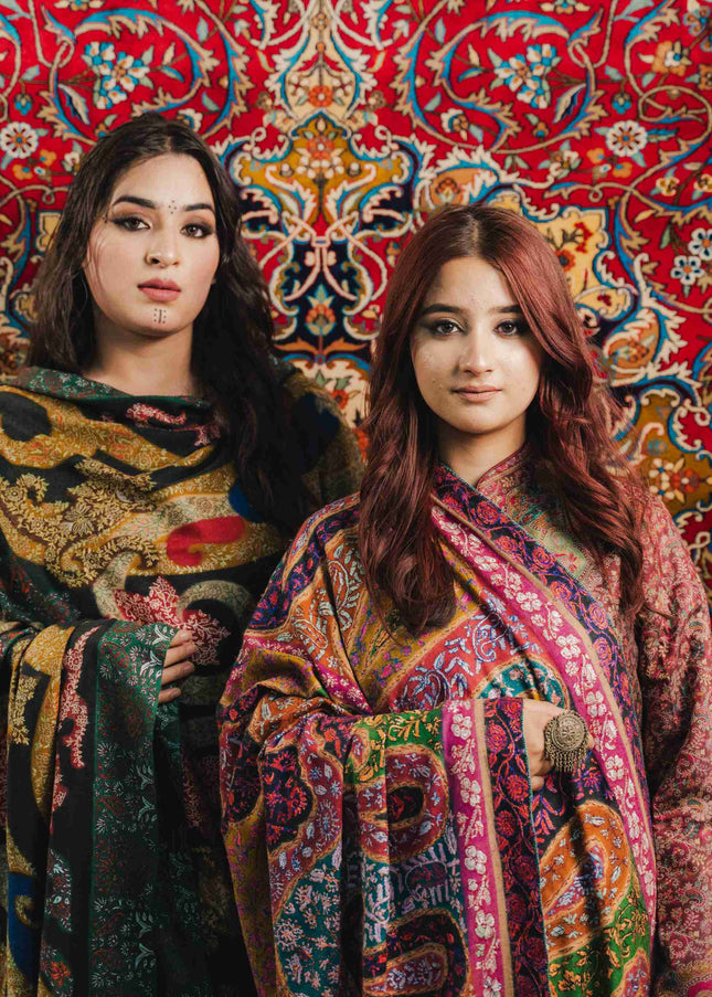 Kashmiri Kalamkari Sozni Work Shawl - Black Heritage | Handmade - ARTISANS KASHMIR