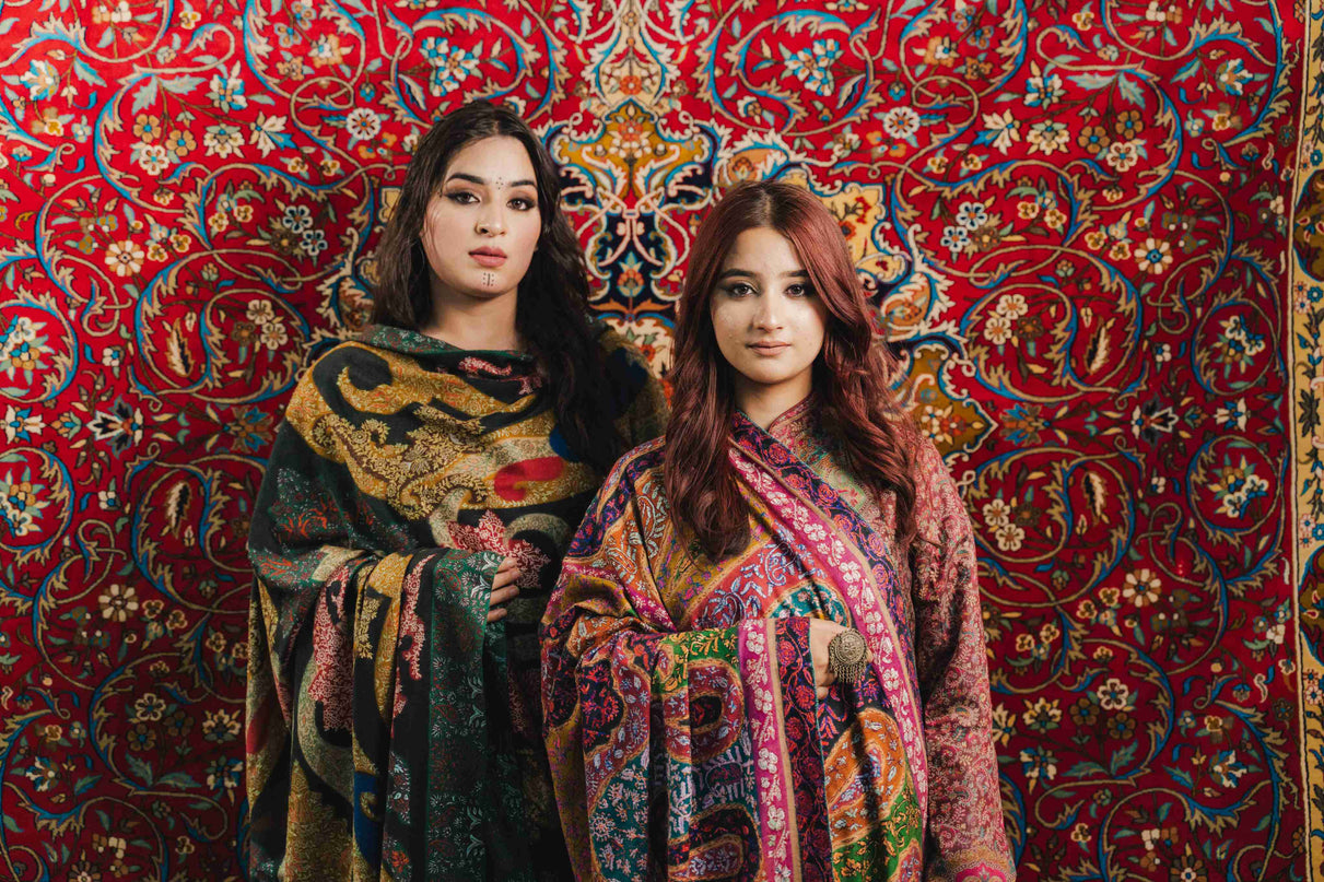 Kashmiri Kalamkari Sozni Work Shawl - Black Heritage | Handmade - ARTISANS KASHMIR