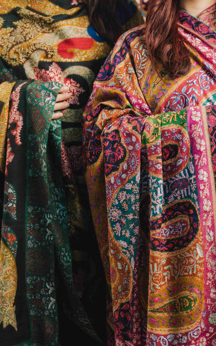 Kashmiri Kalamkari Sozni Work Shawl - Black Heritage | Handmade - ARTISANS KASHMIR