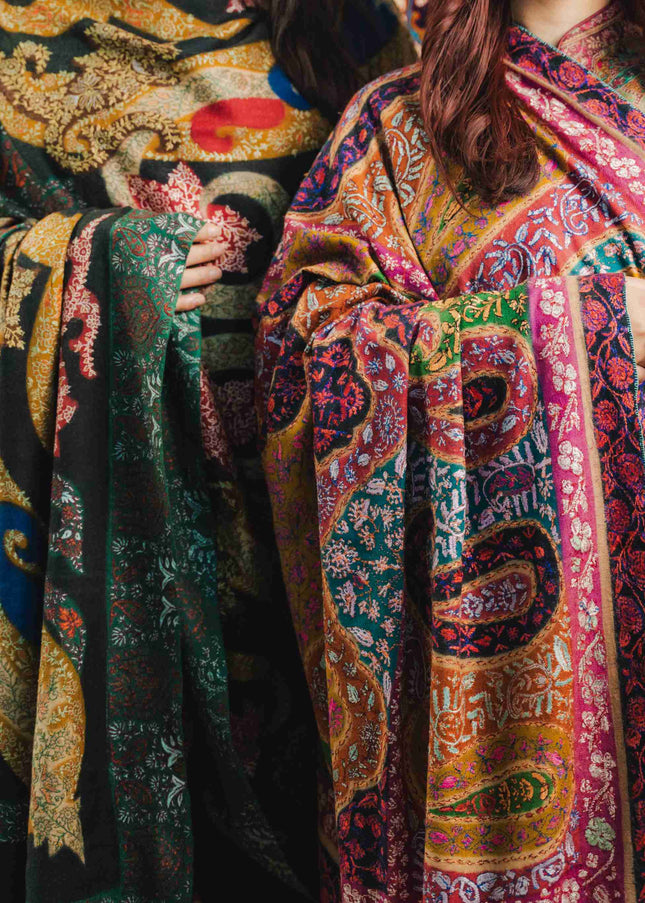 Kashmiri Kalamkari Sozni Work Shawl - Black Heritage | Handmade - ARTISANS KASHMIR