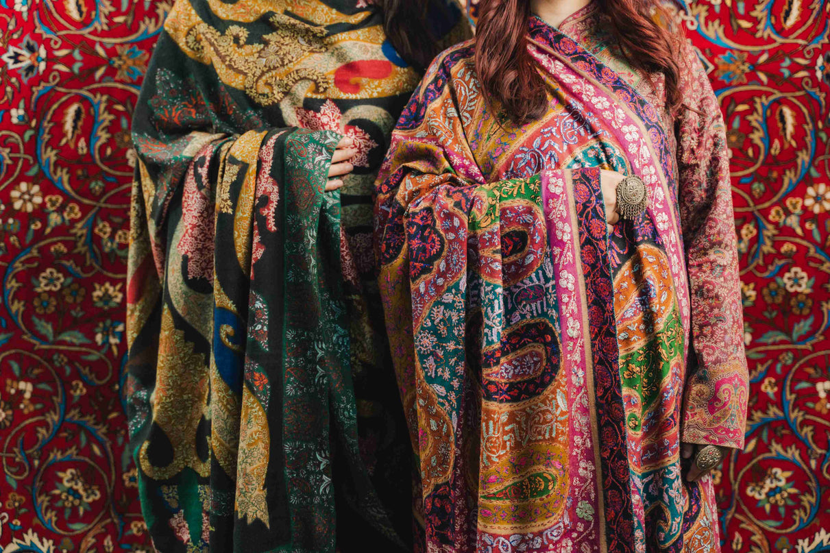 Kashmiri Kalamkari Sozni Work Shawl - Black Heritage | Handmade - ARTISANS KASHMIR