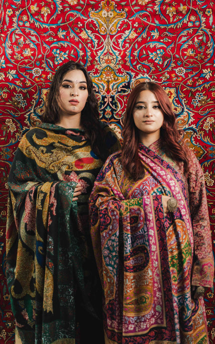 Kashmiri Kalamkari Sozni Work Shawl - Black Heritage | Handmade - ARTISANS KASHMIR
