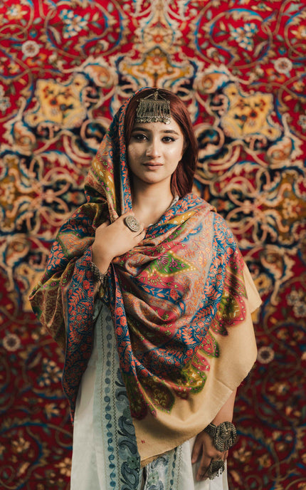 Kashmiri Kalamkari Sozni Shawl - Multi Colour | Handmade - ARTISANS KASHMIR