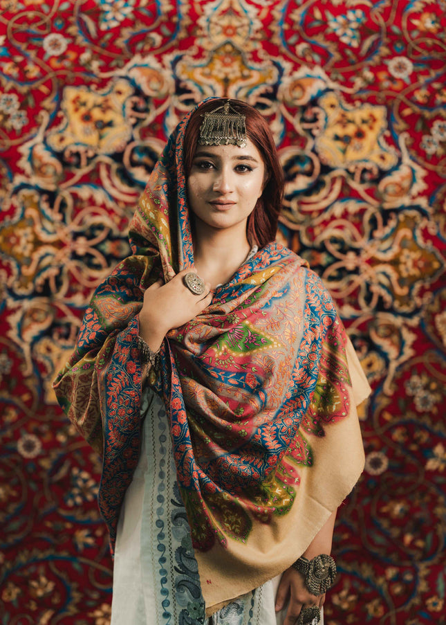 Kashmiri Kalamkari Sozni Shawl - Multi Colour | Handmade - ARTISANS KASHMIR