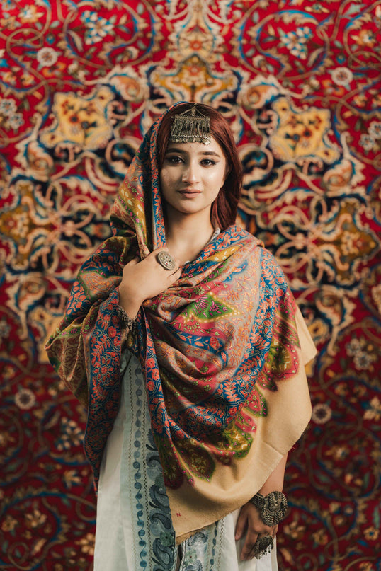 Kashmiri Kalamkari Sozni Shawl - Multi Colour | Handmade - ARTISANS KASHMIR