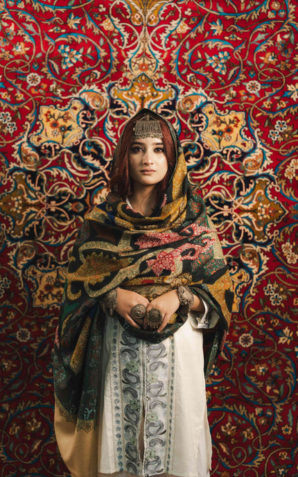 Kalamkari Sozni Work Shawl - Black Multi Colour | Handmade - ARTISANS KASHMIR