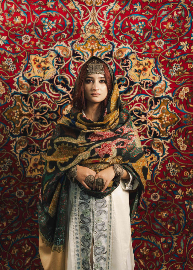 Kalamkari Sozni Work Shawl - Black Multi Colour | Handmade - ARTISANS KASHMIR