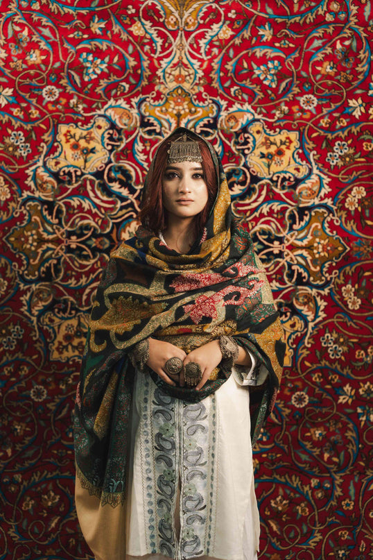 Kalamkari Sozni Work Shawl - Black Multi Colour | Handmade - ARTISANS KASHMIR