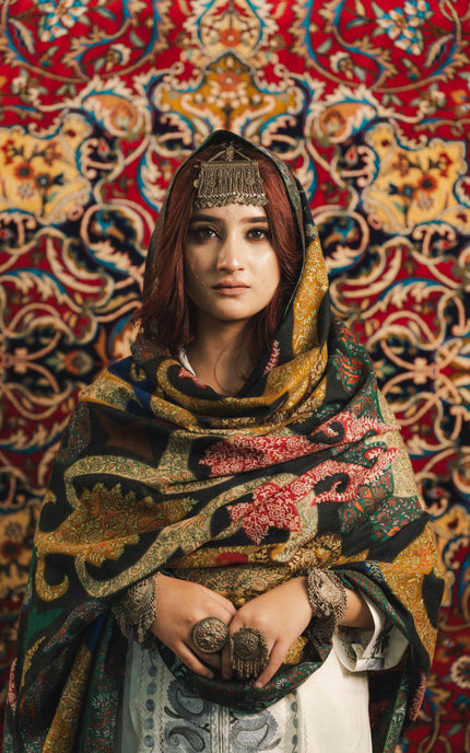 Kalamkari Sozni Work Shawl - Black Multi Colour | Handmade - ARTISANS KASHMIR