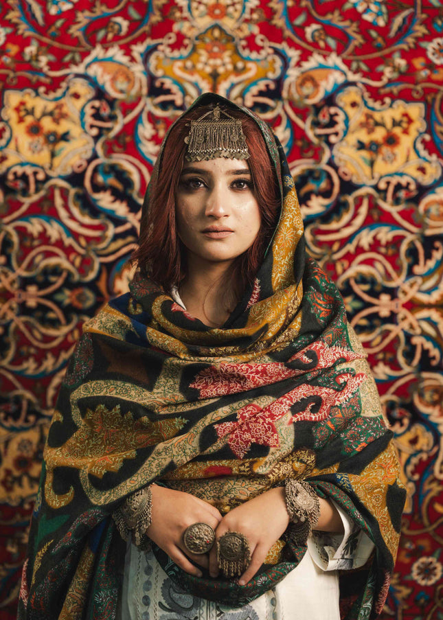 Kalamkari Sozni Work Shawl - Black Multi Colour | Handmade - ARTISANS KASHMIR