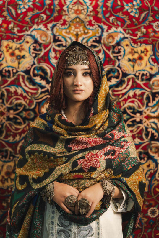 Kalamkari Sozni Work Shawl - Black Multi Colour | Handmade - ARTISANS KASHMIR