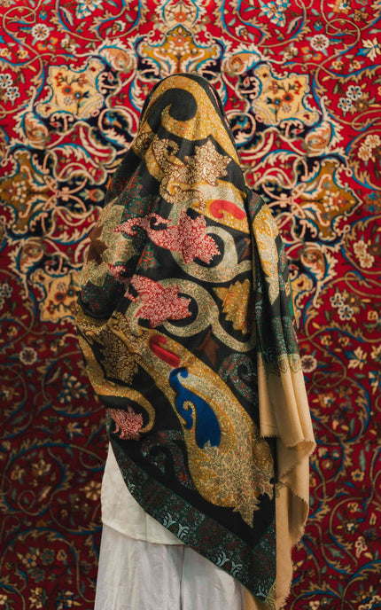 Kalamkari Sozni Work Shawl - Black Multi Colour | Handmade - ARTISANS KASHMIR