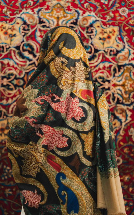 Kalamkari Sozni Work Shawl - Black Multi Colour | Handmade - ARTISANS KASHMIR