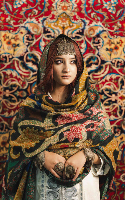 Kalamkari Sozni Work Shawl - Black Multi Colour | Handmade - ARTISANS KASHMIR