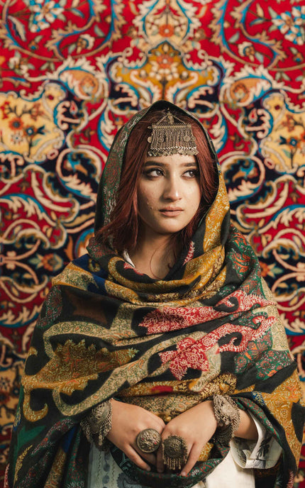 Kalamkari Sozni Work Shawl - Black Multi Colour | Handmade - ARTISANS KASHMIR