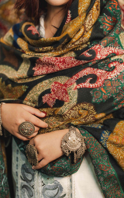 Kalamkari Sozni Work Shawl - Black Multi Colour | Handmade - ARTISANS KASHMIR