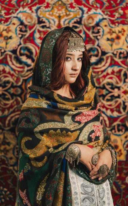 Kalamkari Sozni Work Shawl - Black Multi Colour | Handmade - ARTISANS KASHMIR