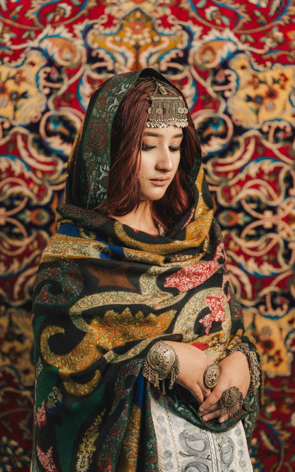 Kalamkari Sozni Work Shawl - Black Multi Colour | Handmade - ARTISANS KASHMIR