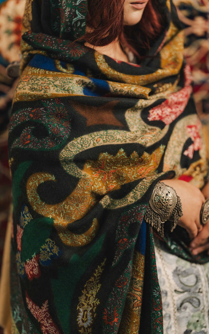 Kalamkari Sozni Work Shawl - Black Multi Colour | Handmade - ARTISANS KASHMIR