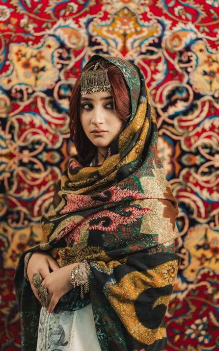 Kalamkari Sozni Work Shawl - Black Multi Colour | Handmade - ARTISANS KASHMIR