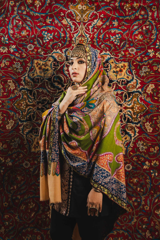 Kashmiri Kalamkari Sozni Shawl - Multi Colour | Handmade - ARTISANS KASHMIR