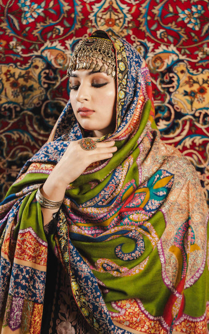 Kashmiri Kalamkari Sozni Shawl - Multi Colour | Handmade - ARTISANS KASHMIR