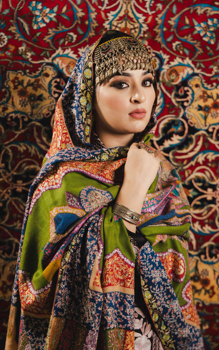 Kashmiri Kalamkari Sozni Shawl - Multi Colour | Handmade - ARTISANS KASHMIR