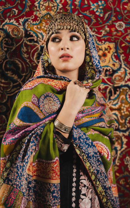 Kashmiri Kalamkari Sozni Shawl - Multi Colour | Handmade - ARTISANS KASHMIR