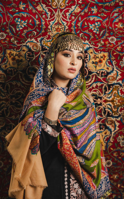 Kashmiri Kalamkari Sozni Shawl - Multi Colour | Handmade - ARTISANS KASHMIR