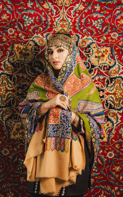 Kashmiri Kalamkari Sozni Shawl - Multi Colour | Handmade - ARTISANS KASHMIR