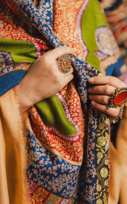 Kashmiri Kalamkari Sozni Shawl - Multi Colour | Handmade - ARTISANS KASHMIR