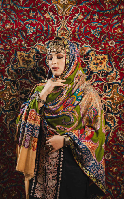 Kashmiri Kalamkari Sozni Shawl - Multi Colour | Handmade - ARTISANS KASHMIR